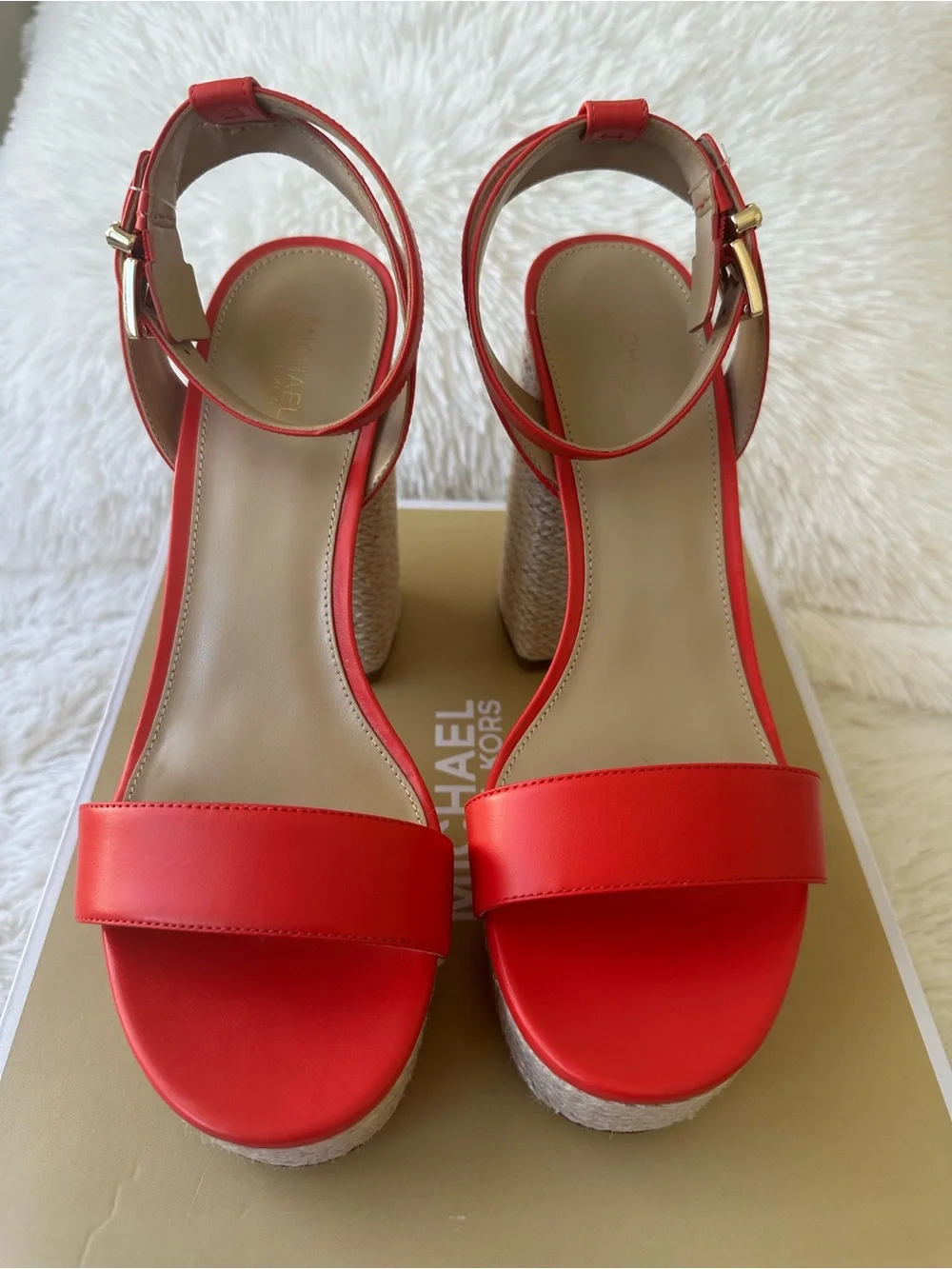 Michael Kors Ashton Platform Espadrille Block Heel Sandals Spiced Coral Red 8.5